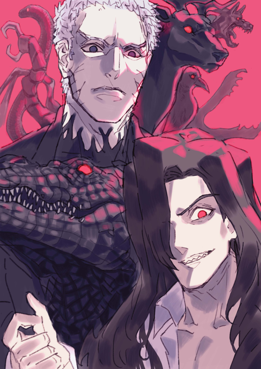 2boys, absurdres, animal, anjin, bird, black_hair, black_skin, coat, collared_shirt, colored_skin, crocodile, crocodilian, deer, evil_smile, grey_eyes, grey_hair, hair_over_one_eye, highres, long_hair, looking_at_viewer, male_focus, michael_roa_valdamjong, monster, multiple_boys, nrvnqsr_chaos, open_clothes, open_coat, open_shirt, red_background, red_eyes, sharp_teeth, shirt, smile, snake, teeth, tsukihime, vampire, white_shirt