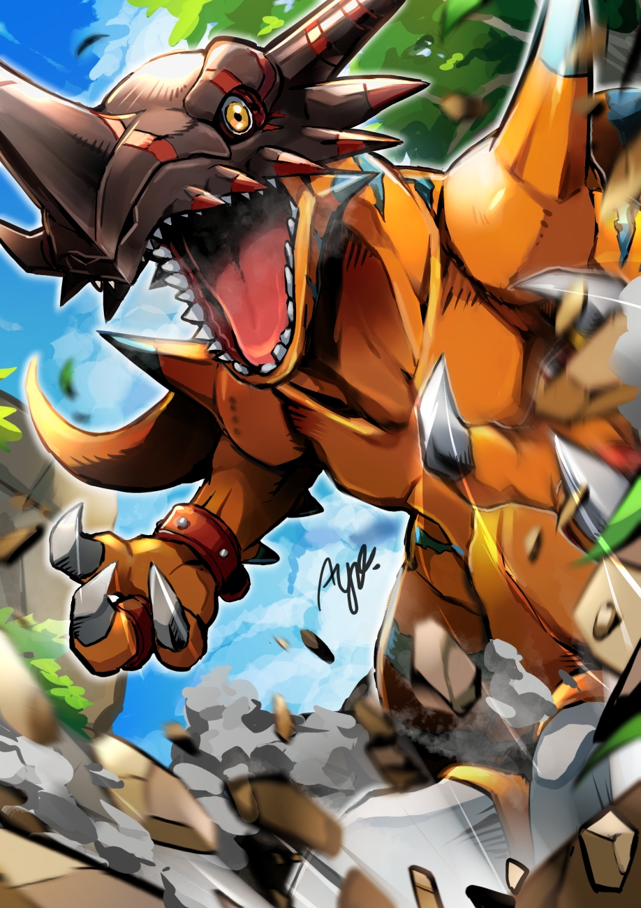 ayo_(ayosanri009), claws, clouds, commentary_request, crack, cracked_floor, debris, digimon