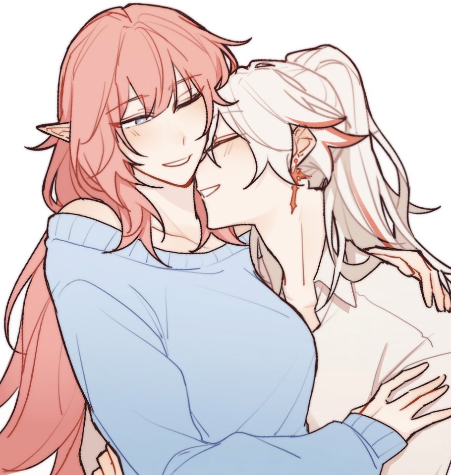 blue_eyes, blue_sweater, breasts, cross, cross_earrings, earrings, elf, elysia_(honkai_impact)