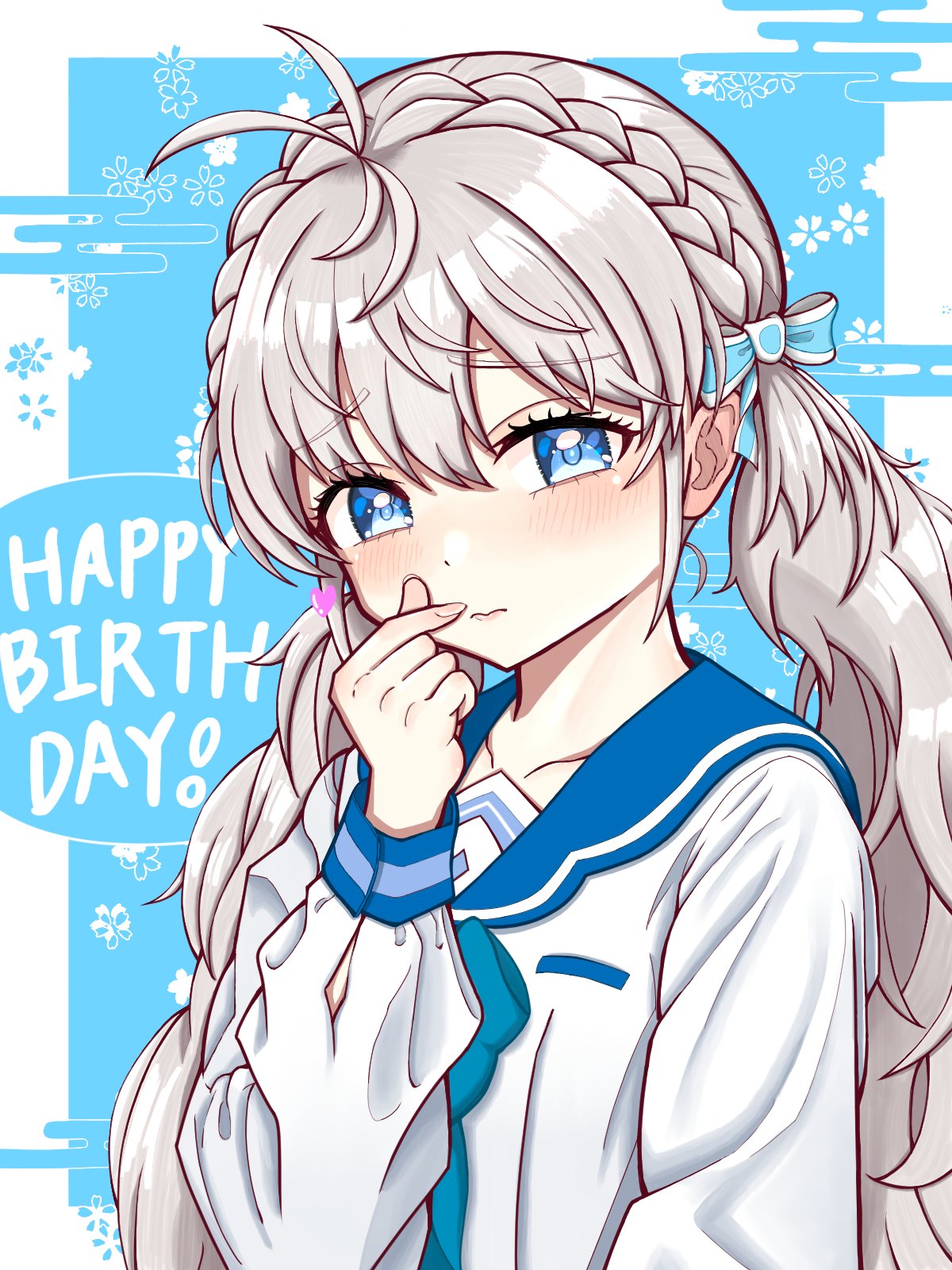1girl, antenna_hair, aqua_bow, blonde_hair, blue_bow, blue_bowtie, blue_eyes, blue_sailor_collar, bow, bowtie, braid, closed_mouth, crown_braid, embarrassed, hair_bow, happy_birthday, heart, highres, horudo893_kl, long_hair, low_twintails, natalya_(shine_post), sailor_collar, shine_post, shirt, solo, twintails, upper_body, white_shirt