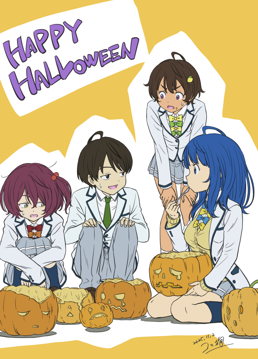 black_hair, blazer, blue_hair, bow, bowtie, brown_hair, cardigan, green_bow