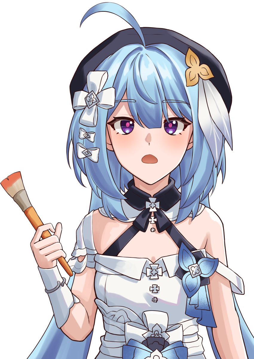 1girl, absurdres, ahoge, bare_shoulders, beret, breasts, commentary_request, dress