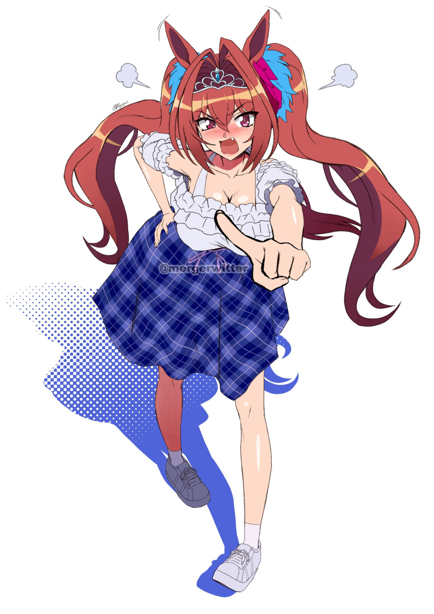 1girl, absurdres, animal_ears, blue_skirt, blush, brown_hair, daiwa_scarlet_(umamusume), fang
