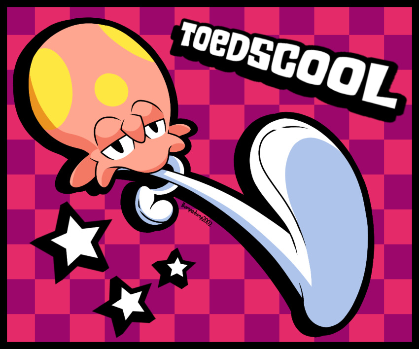 artist_name, bumpadump2002, character_name, checkered_background, commentary, english_commentary, full_body, no_humans