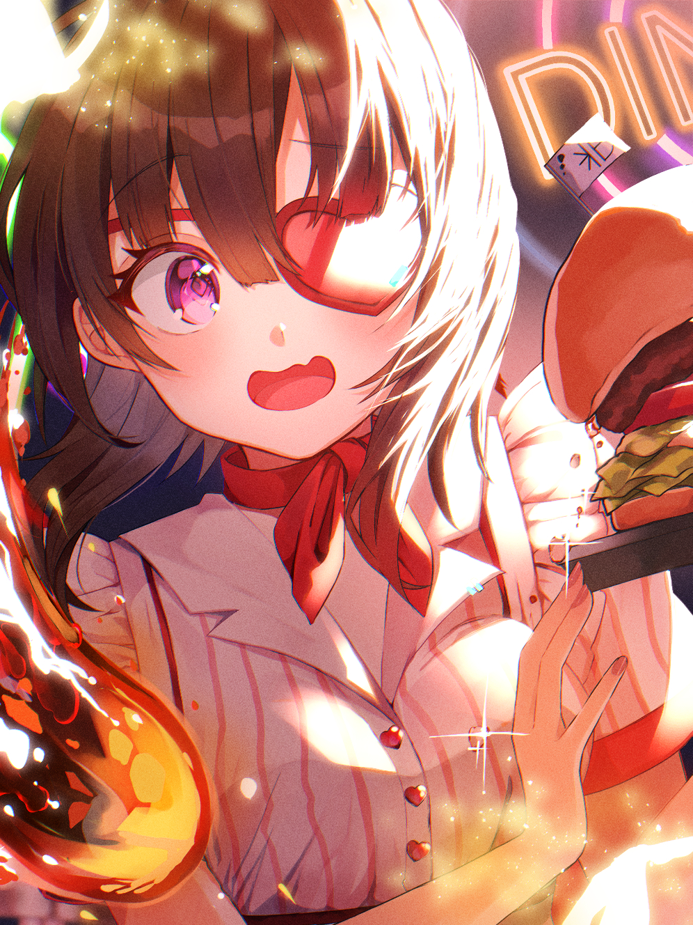 1girl, alternate_costume, blunt_bangs, blush, breasts, brown_hair, burger, commentary_request