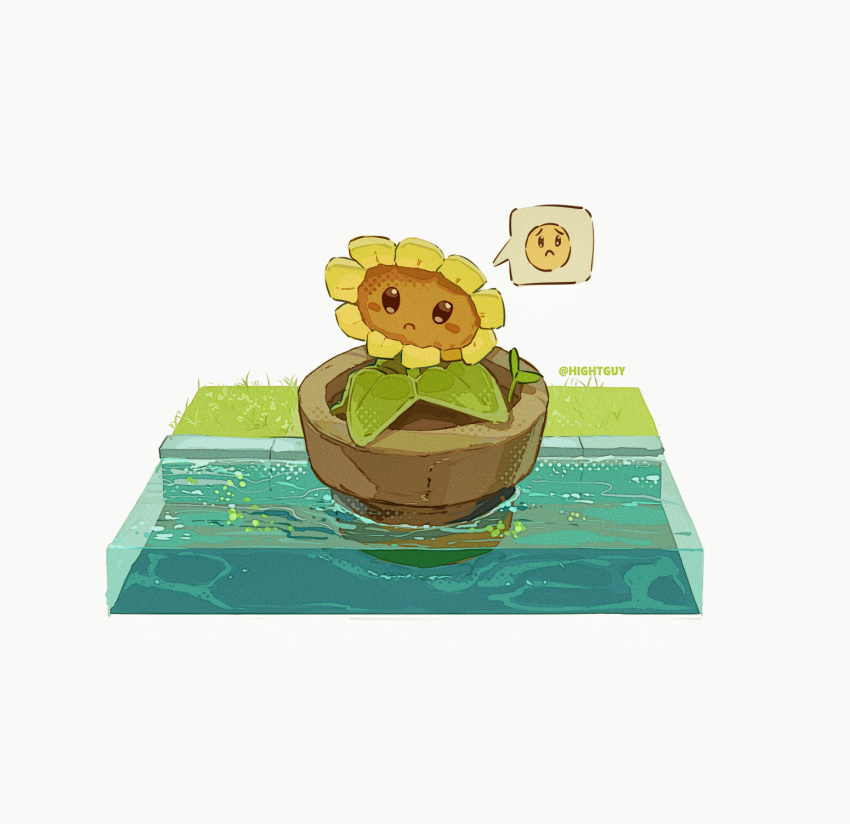 artist_name, black_eyes, chinese_commentary, closed_mouth, commentary_request, diorama, emoji, film_grain, flower, flower_pot, flower_pot_(plants_vs._zombies), frown, grass, halftone, highres, hightguy, leaf, looking_at_viewer, looking_down, no_humans, plant, plants_vs._zombies, simple_background, soil, solid_oval_eyes, solo, speech_bubble, spoken_expression, sunflower, sunflower_(plants_vs._zombies), water, weeds, white_background