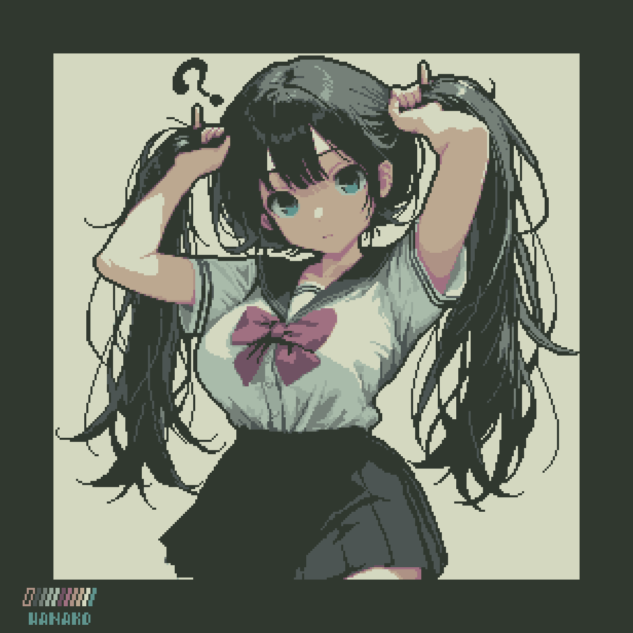 1girl, ?, arms_up, artist_name, black_hair, black_skirt, blue_eyes, blue_sailor_collar