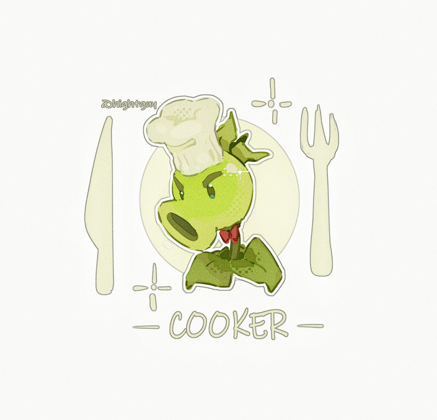 artist_name, bow, bowtie, chef_hat, chinese_commentary, commentary_request, english_text, film_grain, flat_top_chef_hat, fork, halftone, hat, hightguy, kitchen_knife, knife, leaf, looking_at_viewer, no_humans, open_mouth, outline, plant, plant_focus, plants_vs._zombies, plate, red_bow, red_bowtie, repeater_(plants_vs._zombies), simple_background, solo, sparkle, traditional_bowtie, v-shaped_eyebrows, white_background, white_hat, white_outline