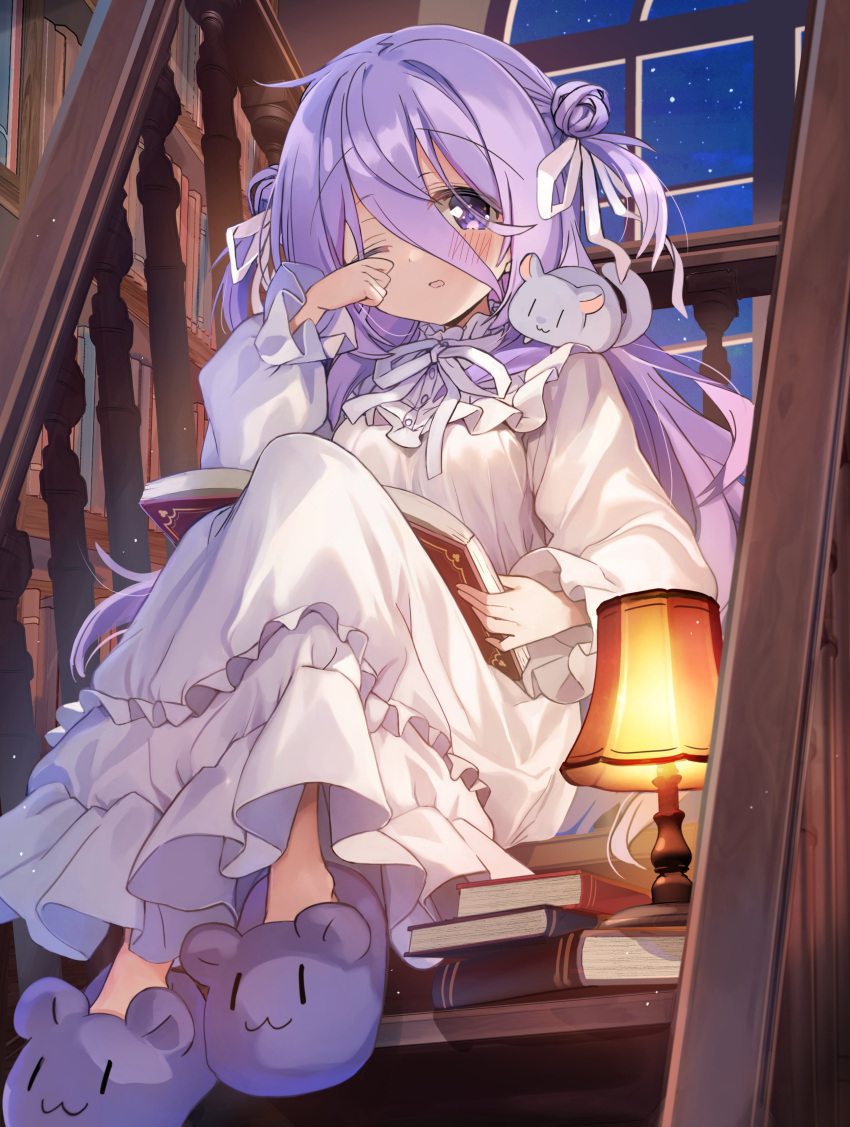 1girl, absurdres, amamiya_shizuku_(hizuki_yayoi), animal_on_shoulder, blush, book, commentary_request, double_bun