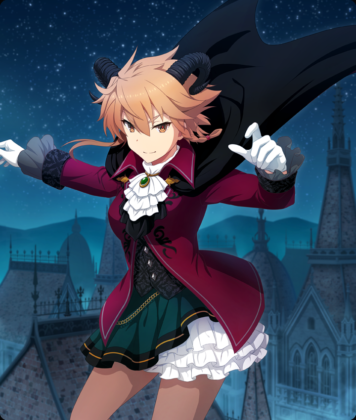 1girl, ascot, black_cape, black_horns, blue_sky, breasts, brooch, brown_pantyhose