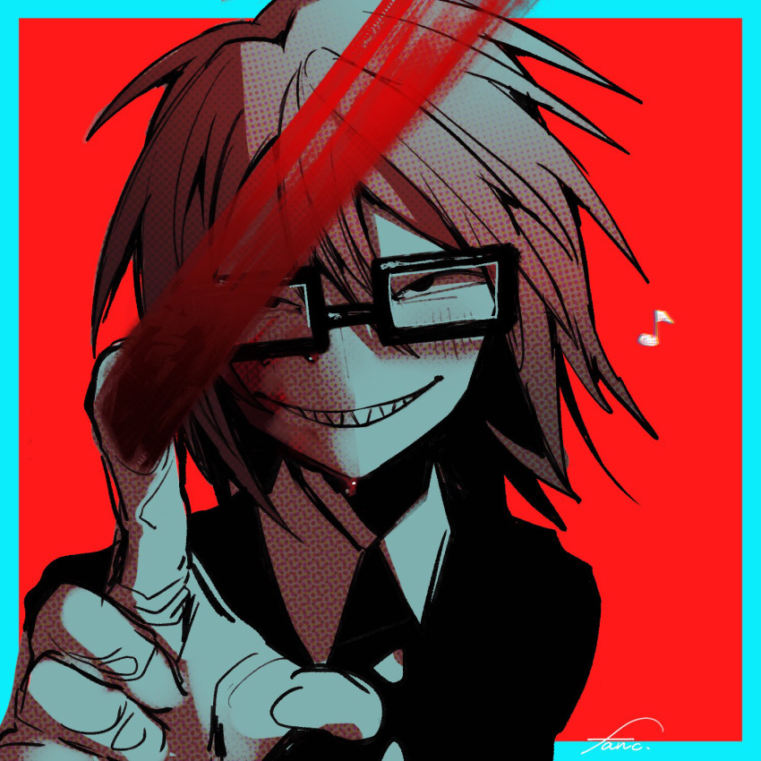 1boy, black_eyes, black_jacket, blood, blood_on_face, blue_border, border, brown_hair, glasses, gloves, grin, hand_up, highres, index_finger_raised, jacket, looking_at_viewer, male_focus, randal's_friends, randal_ivory, red_background, sharp_teeth, short_hair, simple_background, smile, solo, starhamu, teeth, upper_body