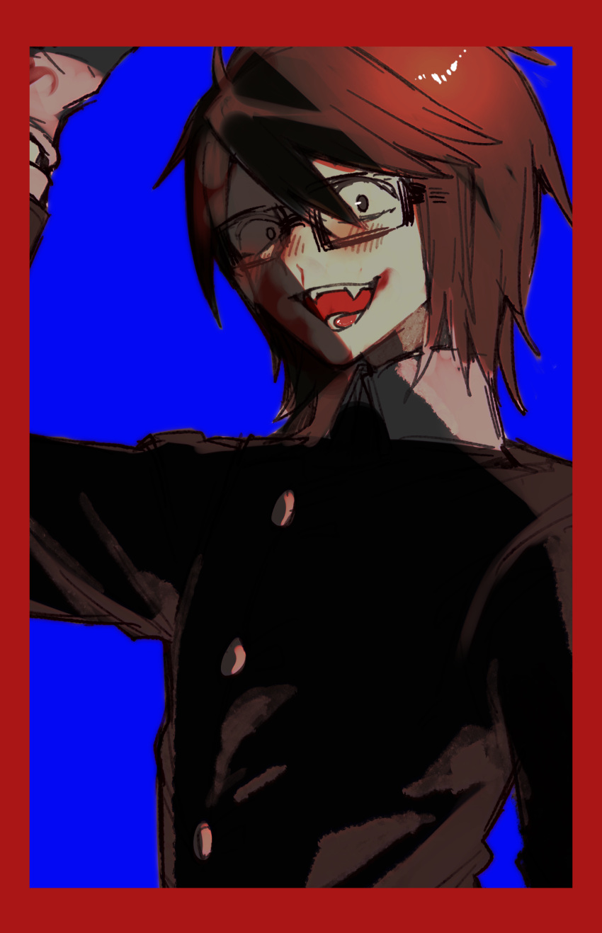 1boy, arm_up, black_eyes, blood, blood_on_face, blue_background, border, brown_hair