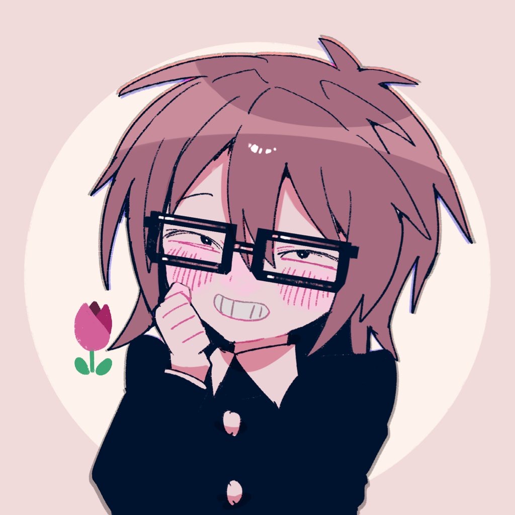 1boy, black_jacket, blush, brown_hair, flower, glasses, grin, hand_up