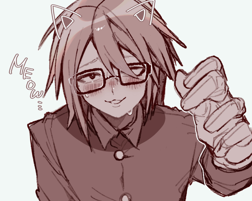 1boy, animal_ears, cat_ears, drawn_ears, english_commentary, english_text, glasses, hand_up, highres, jacket, looking_at_viewer, male_focus, meowing, monochrome, randal's_friends, randal_ivory, short_hair, simple_background, solo, starhamu, sweat