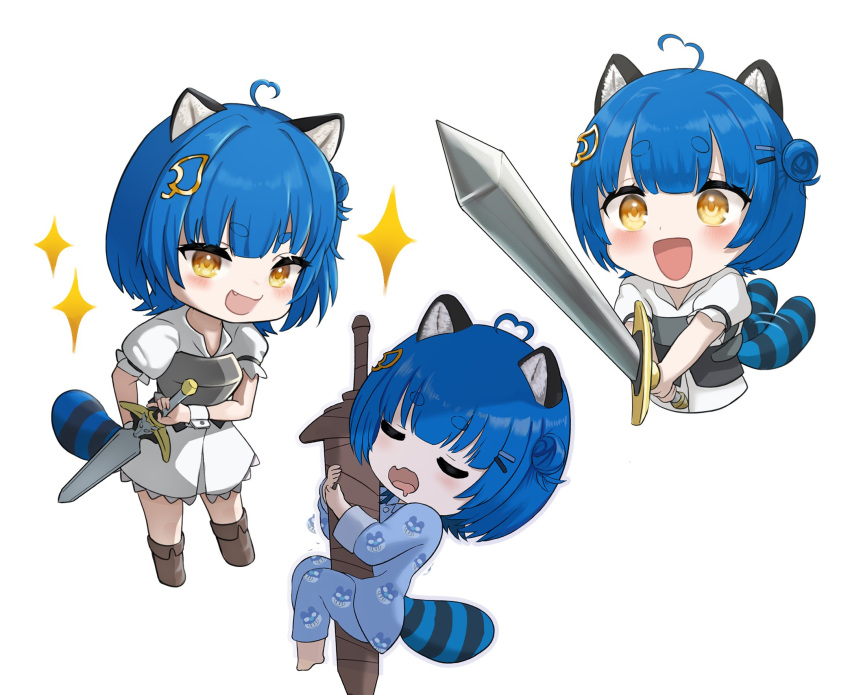 1girl, ahoge, animal_ears, armor, barefoot, blue_hair, blue_pajamas, blue_pants