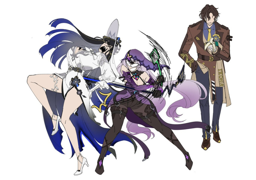 1boy, 2girls, banana, belt, black_hair, black_swan_(honkai:_star_rail), coat, colored_inner_hair