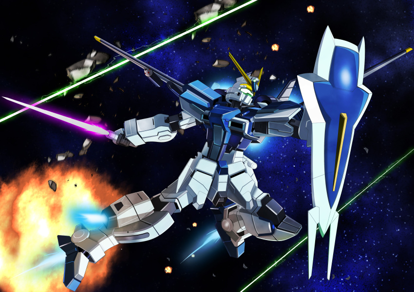absurdres, assault_visor, commission, energy_beam, energy_sword, explosion, gundam, gundam_seed