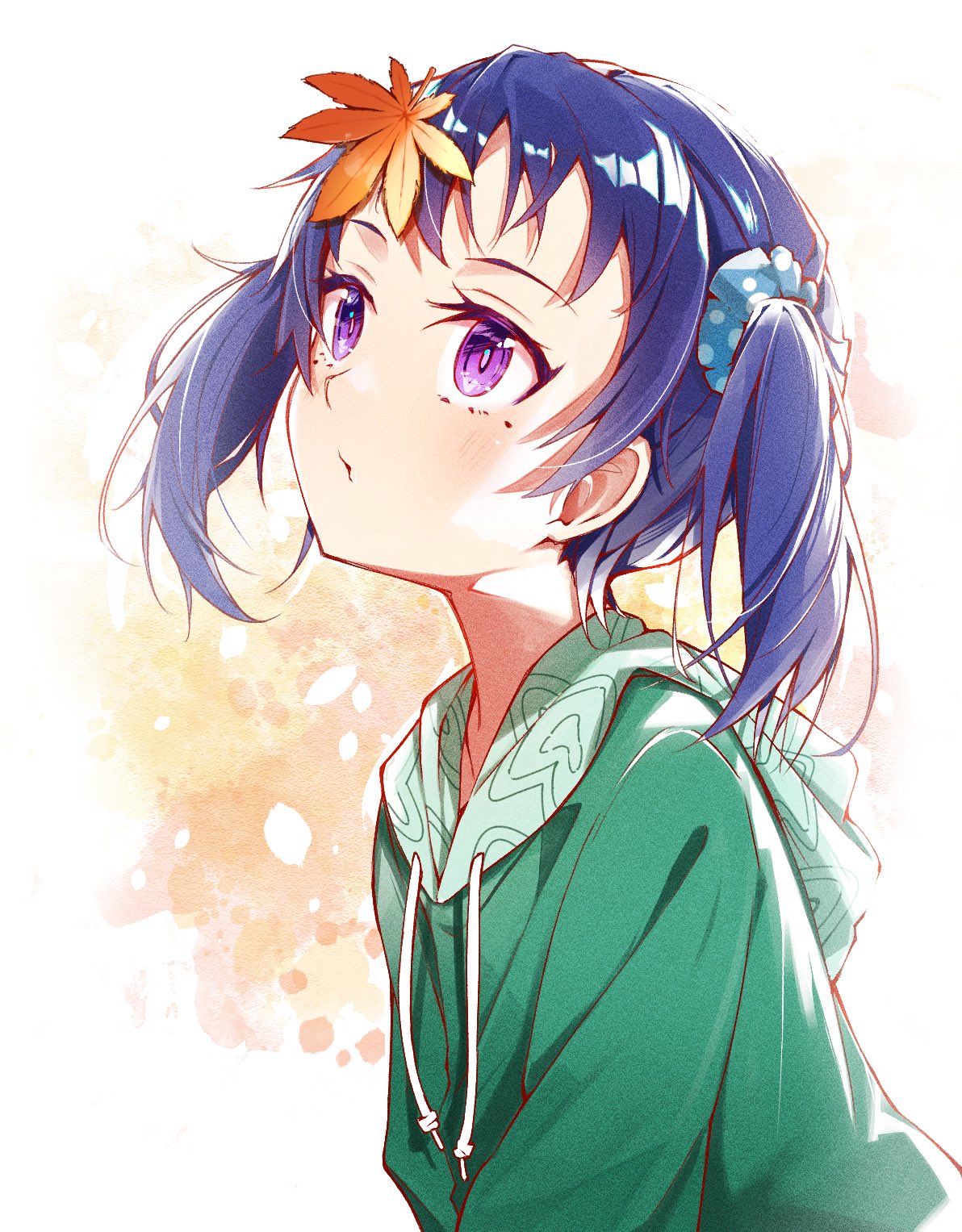 1girl, comadori09, green_hoodie, hair_ornament, hair_scrunchie, highres, hood, hoodie