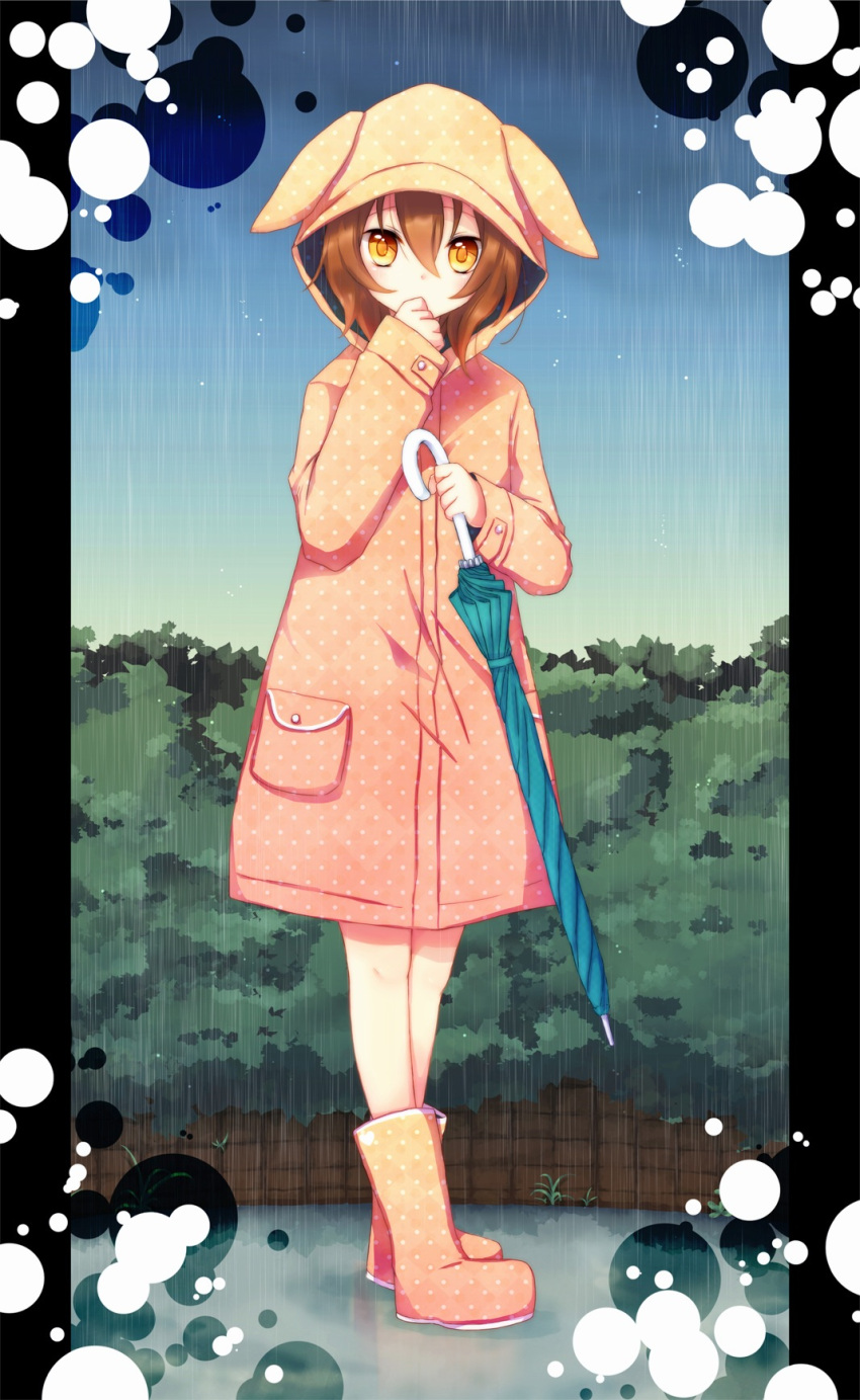 akane_(goma), boots, brown_eyes, brown_hair, closed_umbrella, goma_(11zihisin), hat, hat_with_ears