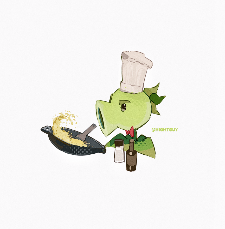 artist_name, black_eyes, bottle, bow, bowl, bowtie, chef_hat, chinese_commentary, commentary_request, cooking, film_grain, flat_top_chef_hat, food, from_side, halftone, hat, hightguy, leaf, looking_at_object, no_humans, omelet, omurice, open_mouth, plant, plant_focus, plants_vs._zombies, red_bow, red_bowtie, repeater_(plants_vs._zombies), salt_shaker, simple_background, solid_oval_eyes, solo, spatula, traditional_bowtie, white_background, white_hat