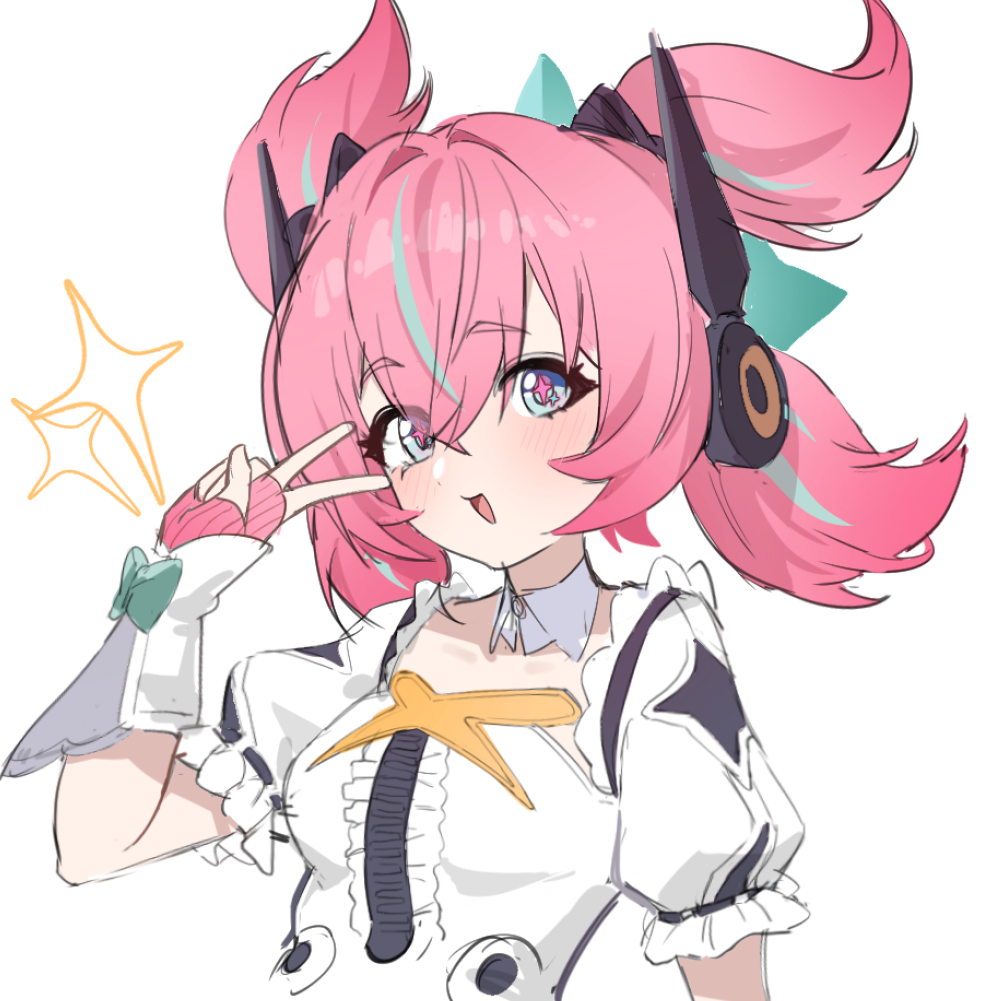 1girl, :d, blue_eyes, breasts, commentary_request, detached_collar, dress, fingerless_gloves, frills, gloves, hair_between_eyes, headphones, light_blush, lingxing_spooradic, multicolored_hair, pink_hair, pink_pupils, short_sleeves, small_breasts, smile, sparkle, streaked_hair, symbol-shaped_pupils, twintails, upper_body, v, white_background, white_dress, yutane_johiel, zenless_zone_zero