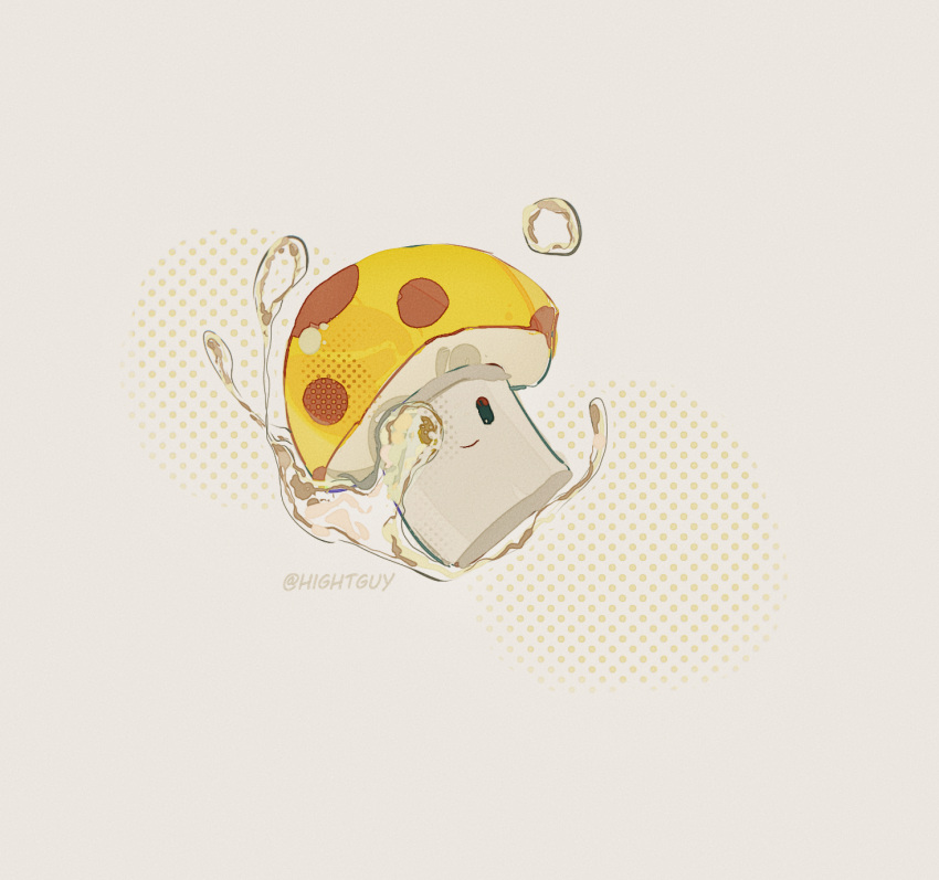 air_bubble, artist_name, black_eyes, bubble, chinese_commentary, closed_mouth, commentary_request, film_grain, grey_background, halftone, halftone_background, highres, hightguy, looking_at_viewer, mushroom, no_humans, plants_vs._zombies, simple_background, smile, solid_oval_eyes, solo, sun-shroom_(plants_vs._zombies)