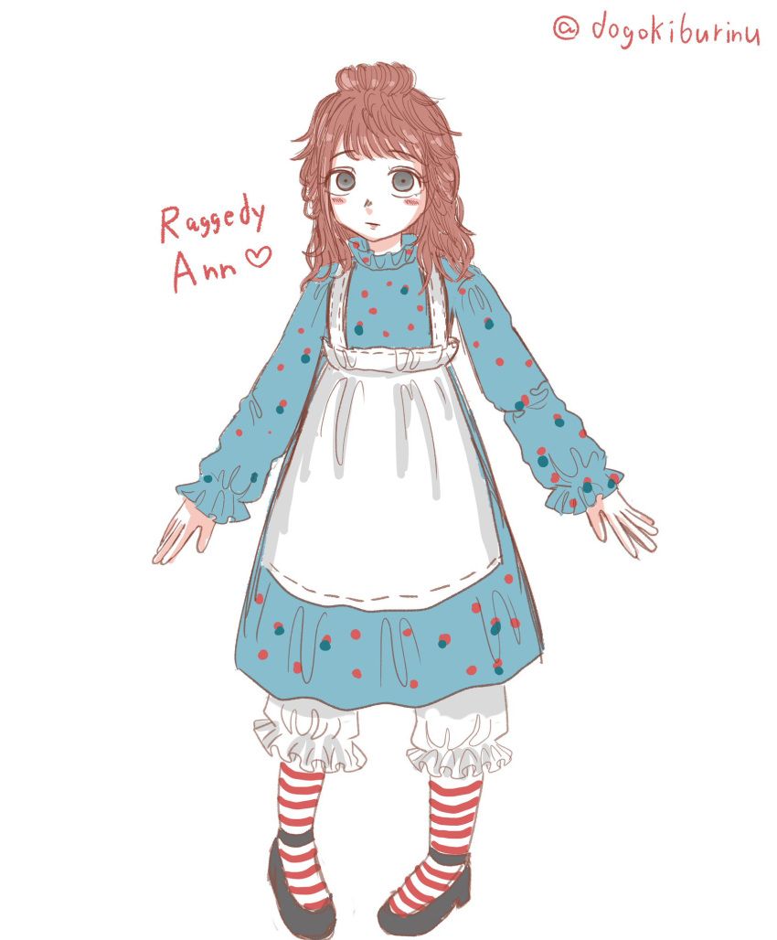 1girl, animification, apron, black_shoes, blue_dress, blush, character_name, closed_mouth