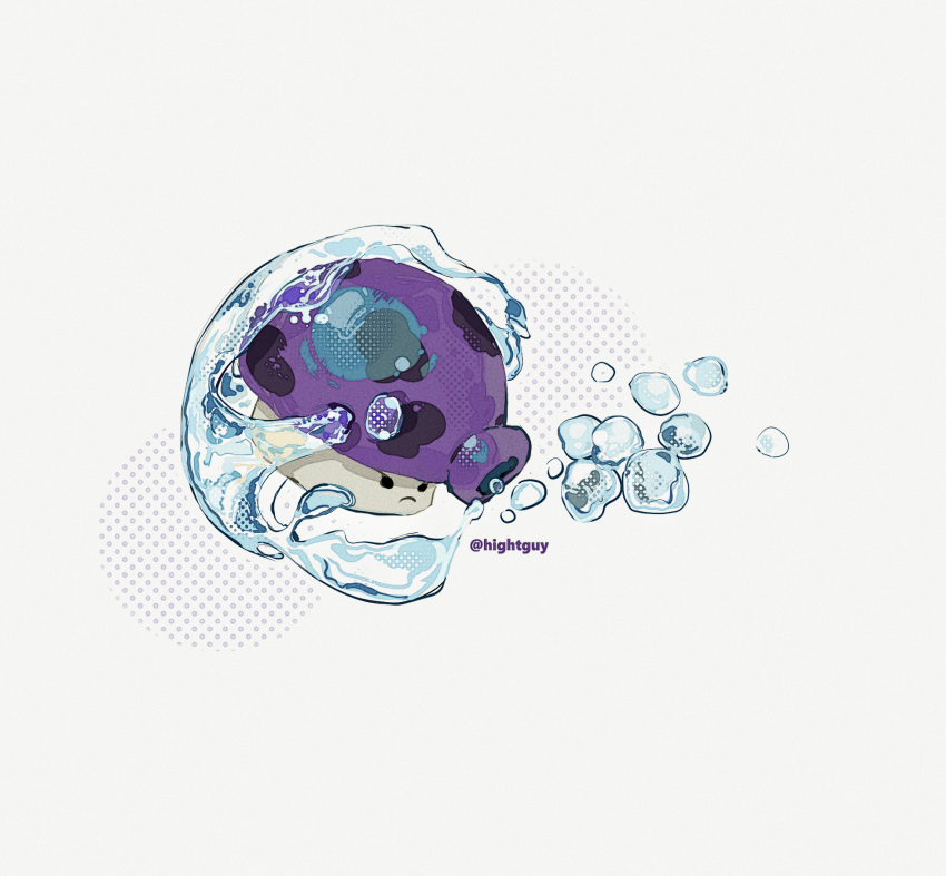 air_bubble, artist_name, black_eyes, bubble, closed_mouth, commentary, film_grain, frown, fume-shroom_(plants_vs._zombies), grey_background, halftone, halftone_background, highres, hightguy, looking_ahead, mushroom, no_humans, plants_vs._zombies, simple_background, solid_circle_eyes, solo, symbol-only_commentary, v-shaped_eyebrows