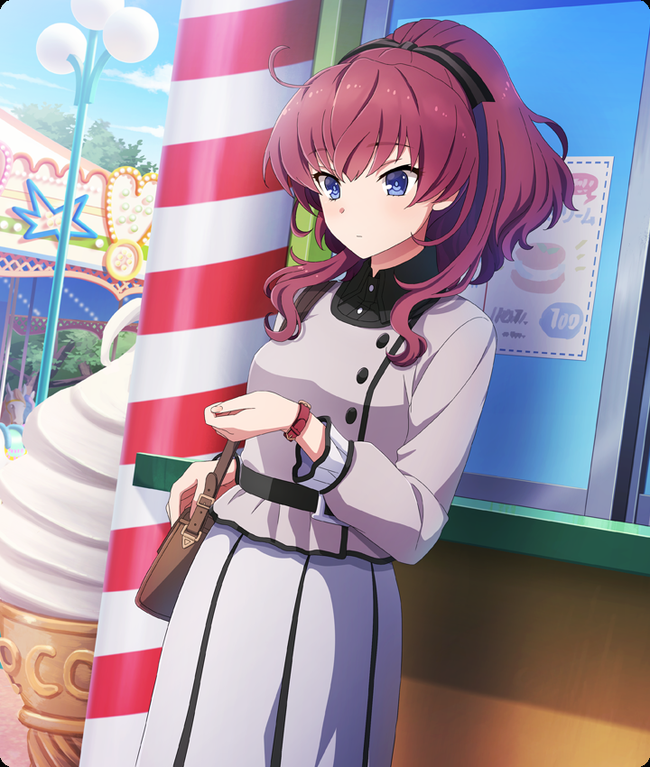 1girl, amusement_park, bag, belt, black_belt, black_ribbon, blue_eyes, blue_sky