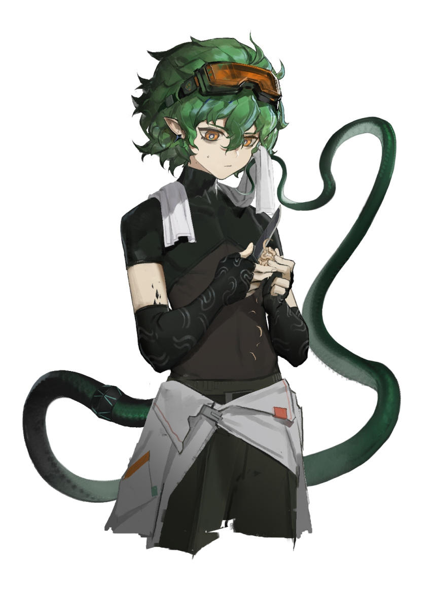 1boy, arknights, bags_under_eyes, baimudafeiyu, black_gloves, bodysuit, carving, clothes_around_waist