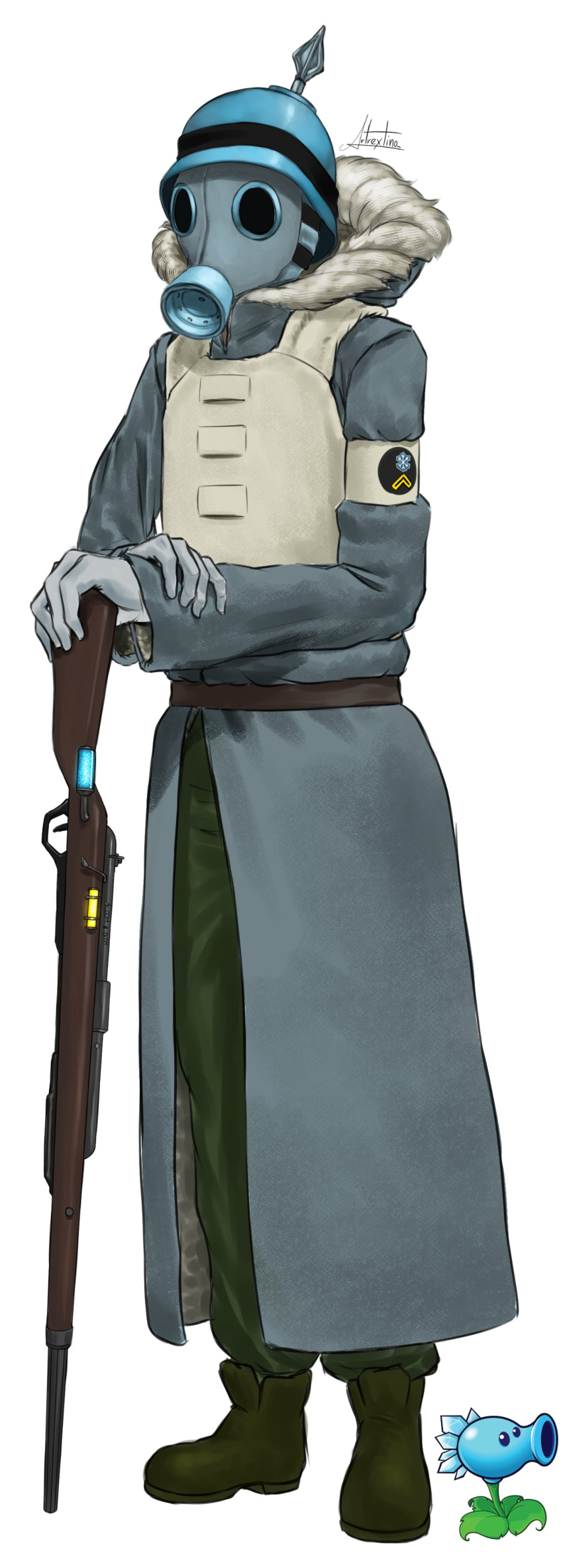 1boy, absurdres, ankle_boots, armband, armor, artrextino, belt, black_boots, blue_coat, blue_helmet, blue_mask, boots, brown_belt, coat, commentary, full_body, fur-trimmed_coat, fur_trim, gas_mask, gloves, green_pants, gun, helmet, highres, holding, holding_gun, holding_own_wrist, holding_weapon, hood, hood_down, hooded_coat, male_focus, mask, official_art_inset, pants, personification, plants_vs._zombies, reference_inset, side_slit, signature, simple_background, snow_pea_(plants_vs._zombies), solo, standing, weapon, white_armband, white_armor, white_background, white_gloves