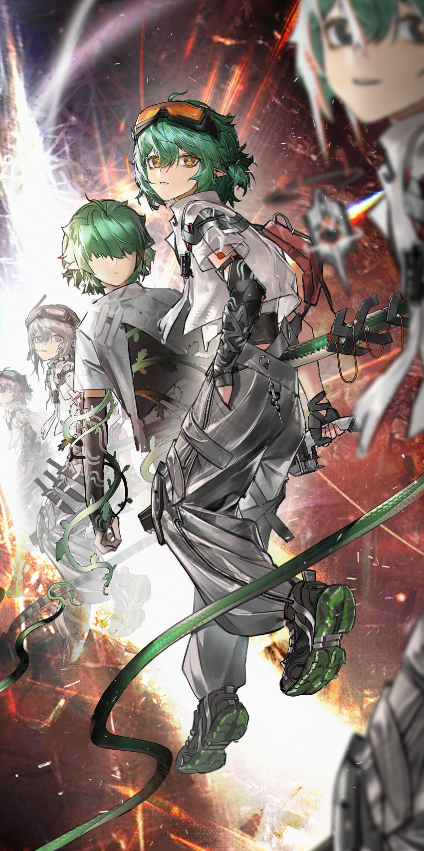 1other, 3boys, absurdres, arknights, baimudafeiyu, boots, floating, fluffy_hair