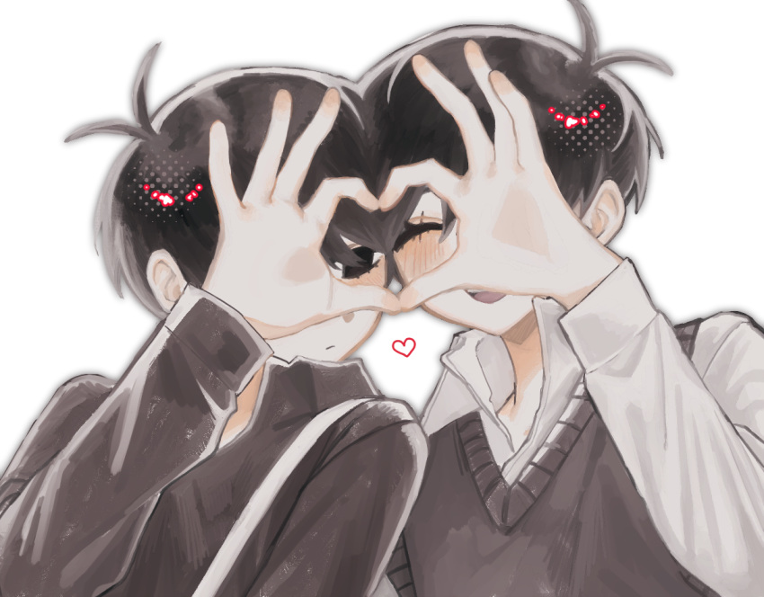 2boys, :d, ^_^, alternate_costume, alternate_sleeve_length, antenna_hair, black_eyes, black_hair, black_shirt, black_sweater_vest, blush, cheek-to-cheek, closed_eyes, closed_mouth, collared_shirt, commentary_request, dual_persona, empty_eyes, hair_between_eyes, halftone, hand_up, hands_up, heads_together, heart, heart_hands, heart_hands_duo, long_sleeves, male_focus, multiple_boys, no_pupils, omori, omori_(omori), open_mouth, pale_skin, puffy_long_sleeves, puffy_sleeves, rou_(h_s_sinrin), shirt, short_hair, simple_background, smile, sunny_(omori), suspenders, sweater_vest, teeth, tongue, upper_body, upper_teeth_only, very_short_hair, white_background, white_shirt