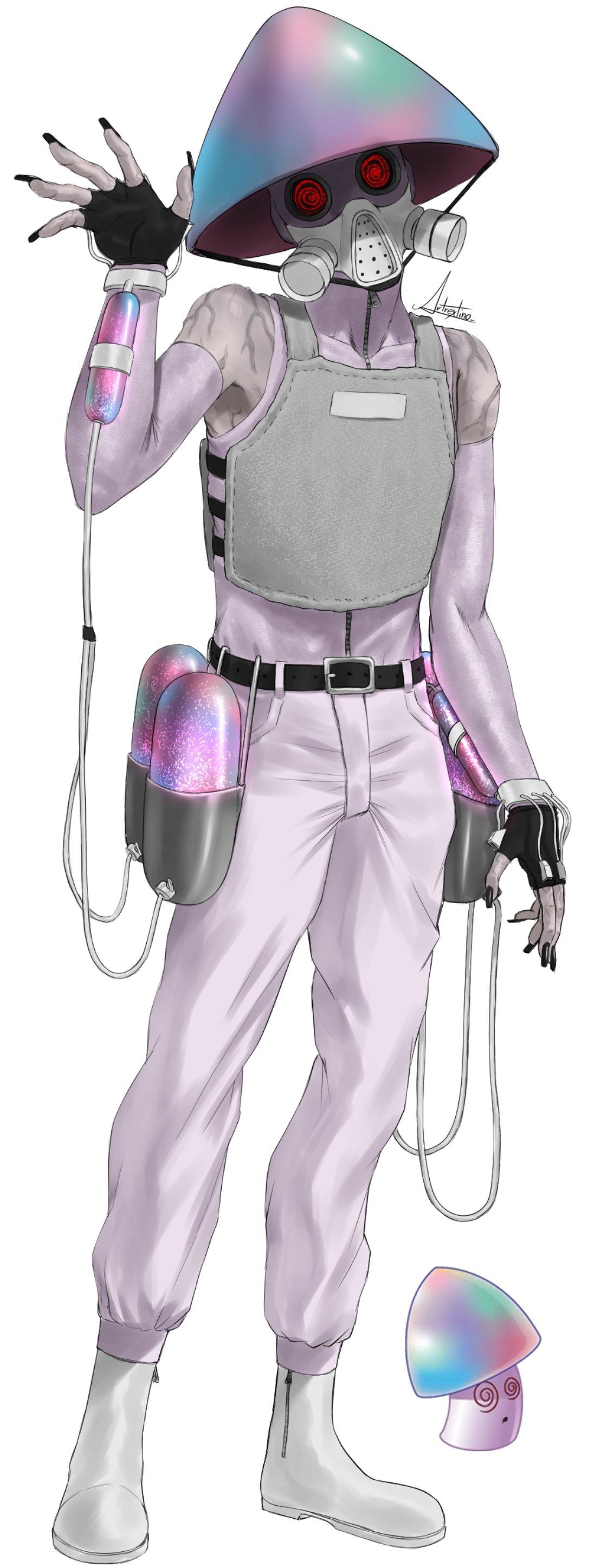 1boy, @_@, absurdres, ankle_boots, arm_at_side, artist_name, artrextino, bare_shoulders