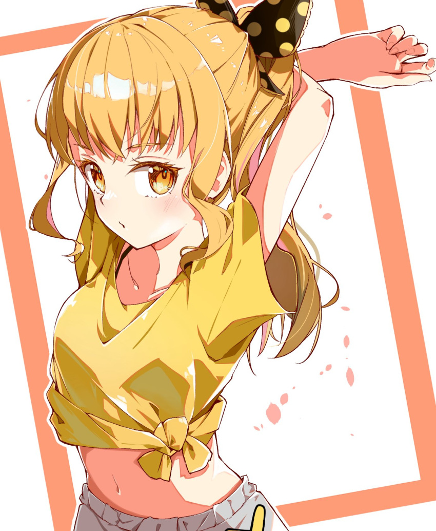 1girl, arms_behind_head, arms_up, blonde_hair, bow, comadori09, hair_bow, high_ponytail