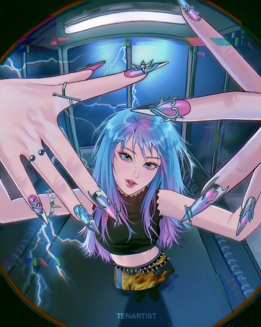 1girl, armlet, arms_up, artist_name, asian, belt, black_belt, black_boots