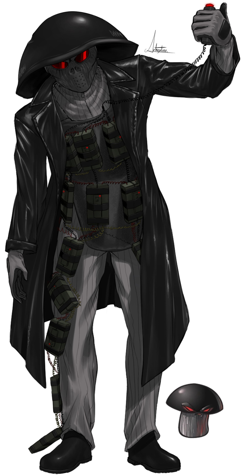 1boy, absurdres, apron, arm_at_side, arm_up, artist_name, artrextino, black_apron, black_coat, black_hat, black_mask, black_shoes, coat, commentary_request, doom-shroom_(plants_vs._zombies), dynamite, explosive, facing_viewer, full_body, gloves, grey_gloves, grey_jacket, grey_pants, hat, highres, holding, jacket, lapels, leaning_forward, legs_apart, long_sleeves, male_focus, notched_lapels, official_art_inset, open_clothes, open_coat, pants, personification, pinstripe_pants, pinstripe_pattern, plants_vs._zombies, pull_cord, red-tinted_eyewear, reference_inset, ribbed_jacket, shoes, simple_background, solo, spanish_commentary, standing, tinted_eyewear, white_background, zipper