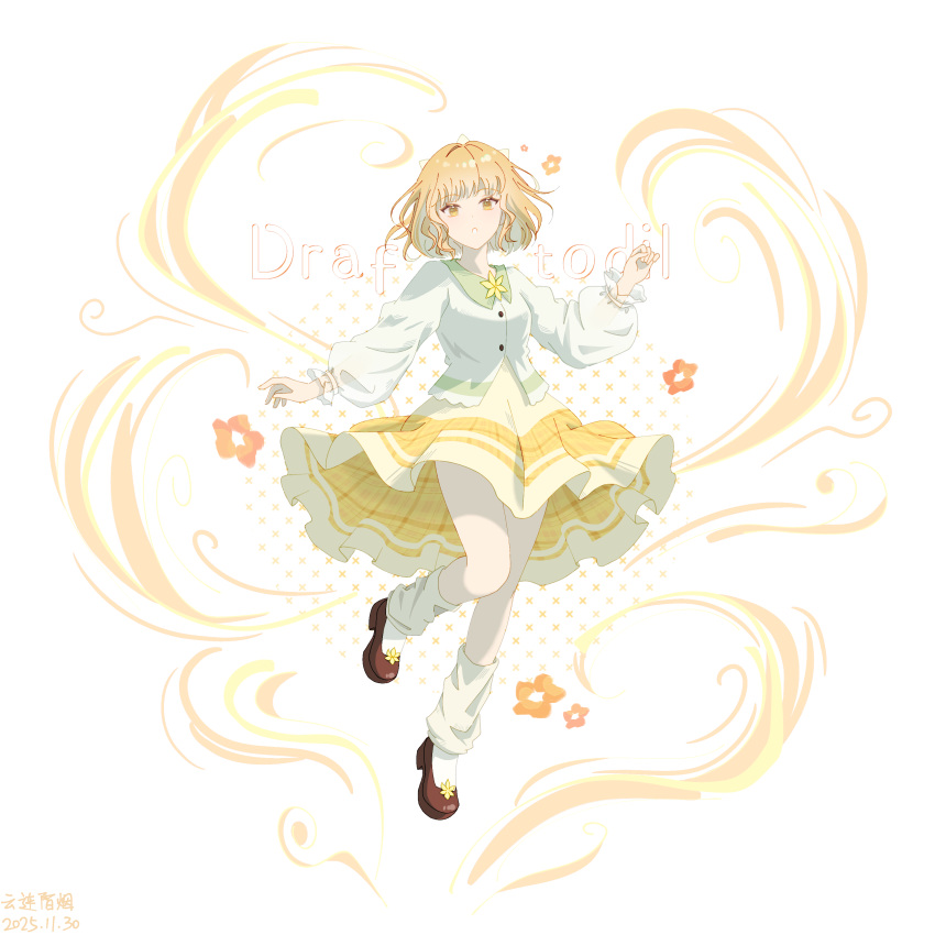 1girl, 2025, :o, absurdres, arm_at_side, blonde_hair, breasts, brown_shoes, buttons, cardigan, character_name, chinese_commentary, chinese_text, collared_cardigan, commentary_request, dated, draftodil_(plants_vs._zombies), fenghongshenqiushi, flower, footwear_flower, frilled_skirt, frilled_sleeves, frills, full_body, hand_up, highres, knees_together_feet_apart, leg_warmers, long_sleeves, looking_at_viewer, medium_skirt, neck_flower, orange_flower, parted_lips, patterned_background, personification, plaid_clothes, plaid_skirt, plants_vs._zombies, plants_vs._zombies_2, procreate_(medium), puffy_long_sleeves, puffy_sleeves, see-through_clothes, see-through_sleeves, shoes, short_hair, sidelocks, simple_background, skirt, small_breasts, solo, standing, standing_on_one_leg, swept_bangs, translation_request, tsurime, white_background, white_cardigan, white_leg_warmers, yellow_eyes, yellow_flower, yellow_skirt