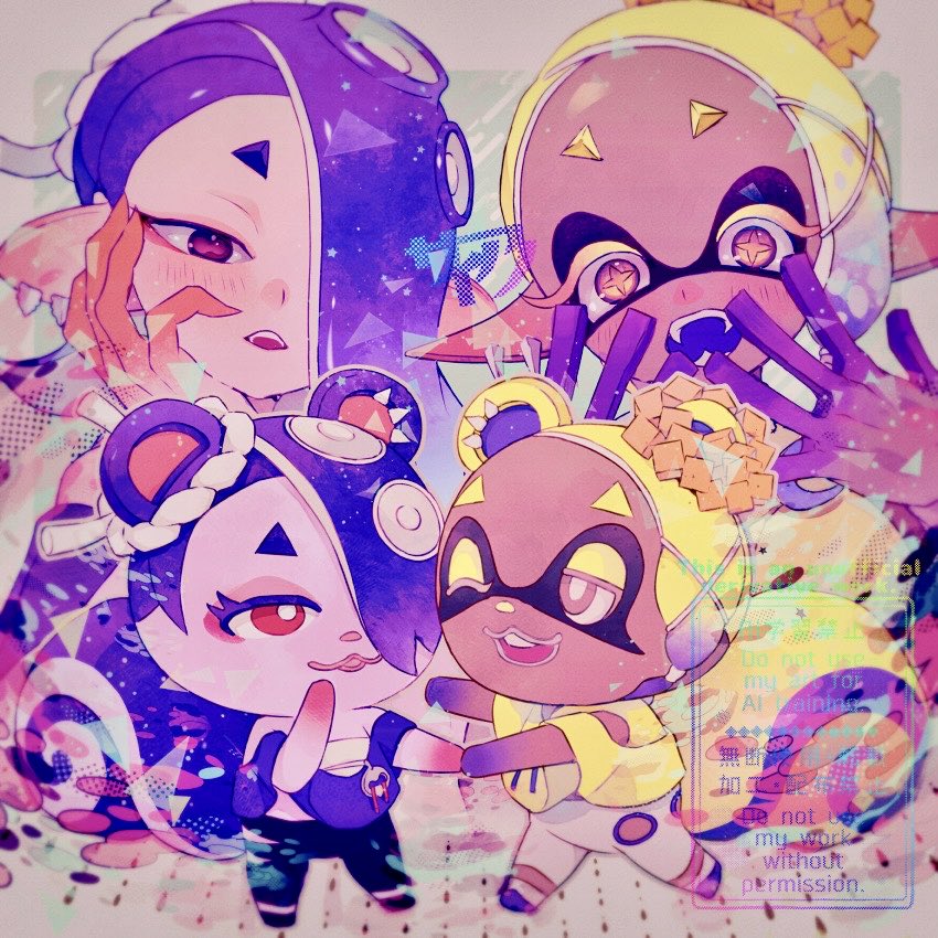 2girls, animal_crossing:_new_horizons, blonde_hair, blue_hair, cece_(animal_crossing), cephalopod_eyes, colored_extremities, colored_eyelashes