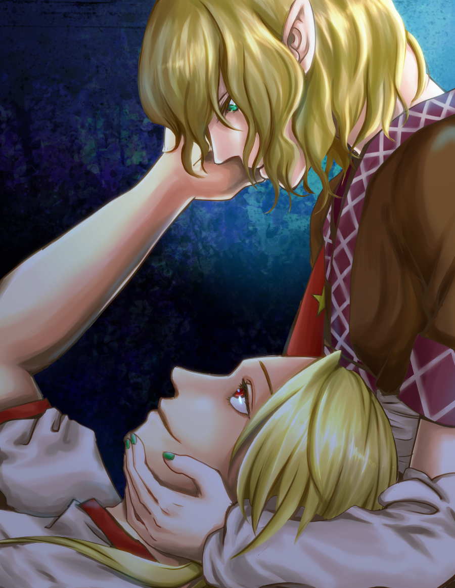 blonde_hair, eye_contact, green_eyes, hand_on_another's_cheek, hand_on_another's_face, hand_on_cheek, hand_on_face, horn