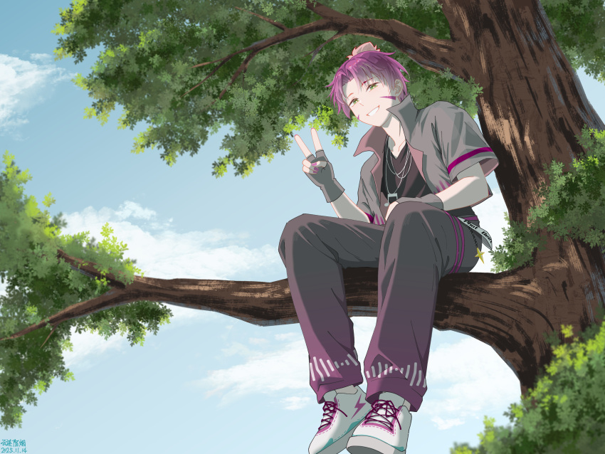 1boy, 2025, :d, absurdres, bare_arms, black_pants, black_shirt, blue_sky, bright_pupils, chain, chinese_commentary, chinese_text, clouds, collarbone, collared_jacket, commentary_request, curtained_hair, dated, day, facial_mark, fenghongshenqiushi, fingerless_gloves, from_below, full_body, gloves, green_eyes, grey_gloves, grey_jacket, grin, hair_behind_ear, hair_bun, hand_on_own_stomach, hand_up, highres, jacket, jewelry, knees_apart_feet_together, lightning_bolt_symbol, looking_at_viewer, male_focus, musical_note_necklace, nail_polish, necklace, open_clothes, open_jacket, outdoors, pants, personification, phat_beet_(plants_vs._zombies), pink_hair, pink_nails, plants_vs._zombies, plants_vs._zombies_2, procreate_(medium), puffy_pants, shirt, shoelaces, shoes, short-sleeved_jacket, short_hair, short_sleeves, simple_background, single_hair_bun, sky, smile, sneakers, solo, translation_request, tree, v, very_short_hair, white_pupils, white_shoes