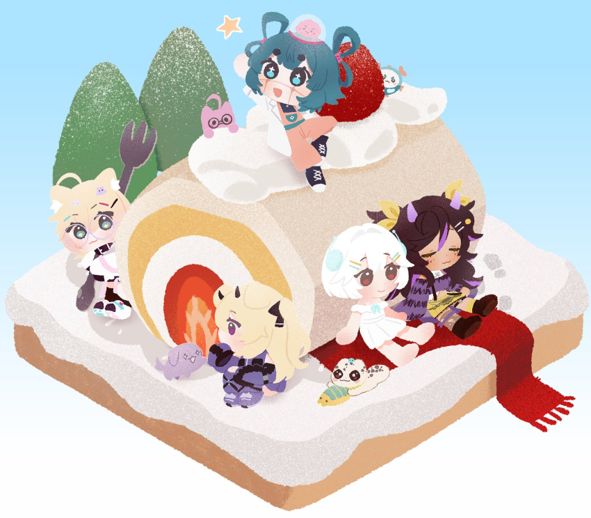 5girls, :3, ahoge, animal_ear_fluff, animal_ears, aqua_eyes, aqua_hair, arm_up