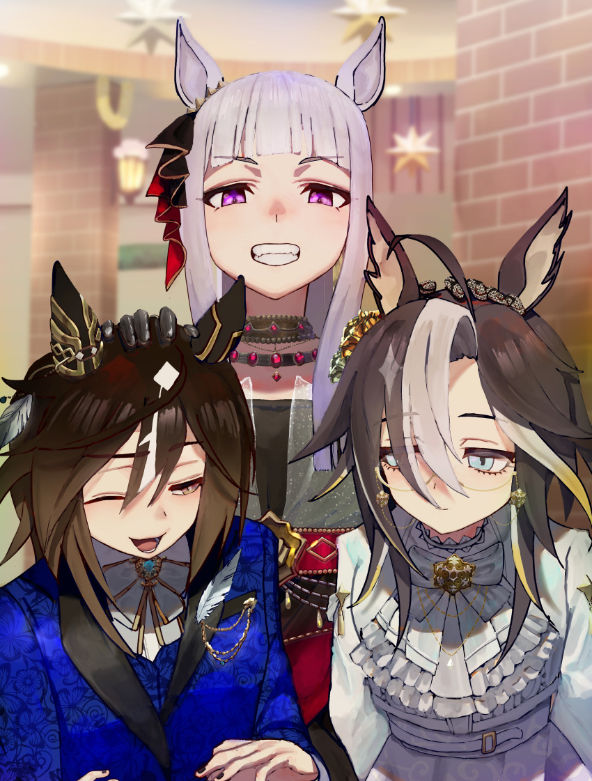 3girls, absurdres, animal_ears, black_gloves, blue_eyes, blue_jacket, blunt_bangs, blush