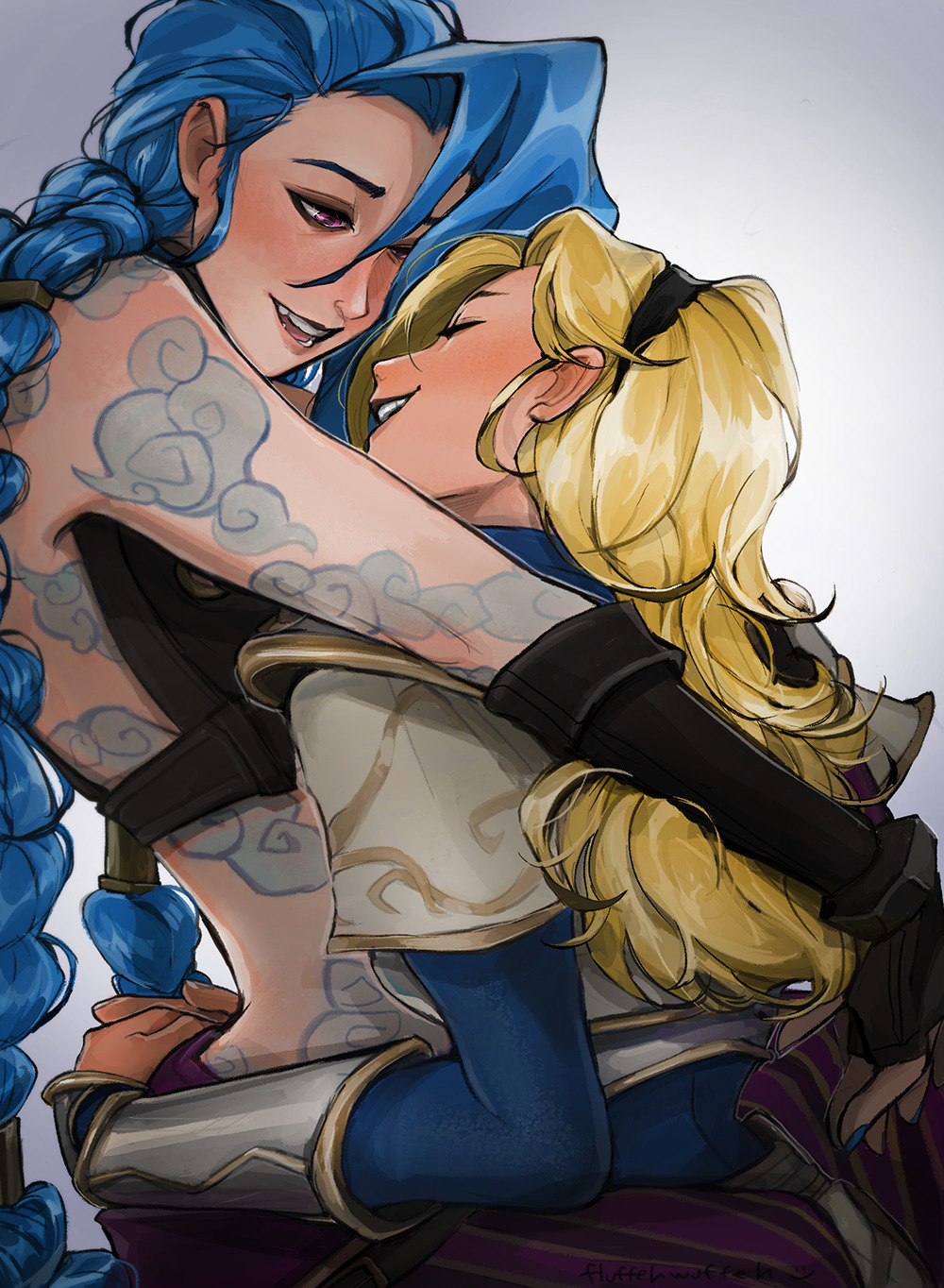 2girls, armor, asymmetrical_bangs, bare_shoulders, black_gloves, black_hairband, blonde_hair, blue_hair, braid, commentary, english_commentary, fingerless_gloves, fluffehhhhh, gloves, hairband, highres, hug, jinx_(league_of_legends), league_of_legends, long_hair, long_sleeves, lux_(league_of_legends), multiple_girls, pants, pink_eyes, purple_pants, simple_background, white_background, yuri