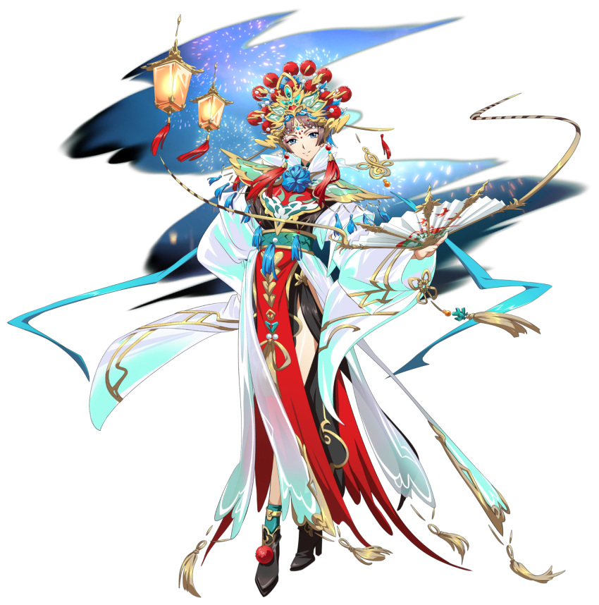 1girl, aerial_fireworks, animal_print, anklet, arm_behind_back, azusa_(langrisser), beads, bird_print, black_boots, black_dress, blue_eyes, blunt_bangs, boots, brown_hair, chinese_clothes, crossed_legs, dress, earrings, fengguan, festival, fireworks, floating_clothes, folding_fan, full_body, game_cg, gold_anklet, gold_trim, green_socks, hair_beads, hair_ornament, hand_fan, hanfu, headdress, high_heel_boots, high_heels, highres, holding, holding_fan, jewelry, langrisser, langrisser_mobile, lantern, layered_dress, legs, long_dress, long_sleeves, looking_at_viewer, night_sky, official_alternate_costume, official_art, ornate_clothes, paper_fan, parted_lips, pom_pom_(clothes), print_fan, sash, second-party_source, simple_background, sky, smile, socks, solo, standing, tachi-e, tassel, tassel_earrings, transparent_background, waist_sash, walking, white_sleeves, wide_sleeves, yunjian