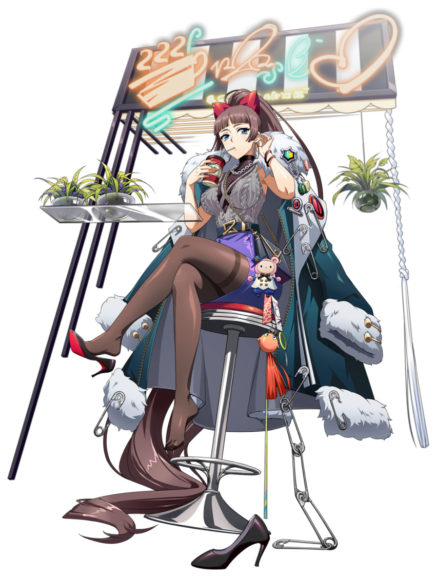 1girl, absurdly_long_hair, adjusting_hair, awning, azusa_(langrisser), badge, bag, bare_arms, bare_shoulders, belt, between_breasts, black_shoes, blue_eyes, blue_jacket, blunt_bangs, bracelet, breasts, brown_hair, brown_pantyhose, button_badge, cable_knit, cafe, chain, chain_necklace, charm_(object), crossed_legs, cup, display, disposable_cup, drink, drinking, drinking_straw, drinking_straw_in_mouth, earrings, full_body, fur-trimmed_jacket, fur-trimmed_sleeves, fur_trim, game_cg, glass_table, grey_shirt, hair_ribbon, hand_in_own_hair, handbag, hanging_plant, high_heels, high_ponytail, highres, holding, holding_cup, holding_drink, hoop_earrings, jacket, jacket_on_shoulders, jewelry, langrisser, langrisser_mobile, large_breasts, long_hair, looking_at_viewer, necklace, official_alternate_costume, official_art, on_stool, open_clothes, open_jacket, oversized_object, pantyhose, plant, plunging_neckline, ponytail, potted_plant, pumps, purple_skirt, red_ribbon, ribbed_sweater, ribbon, safety_pin, second-party_source, see-through_cleavage, see-through_clothes, shirt, shoe_dangle, shoes, shop, shoulder_bag, sign, simple_background, sitting, skirt, sleeveless, sleeveless_shirt, sleeveless_sweater, solo, stool, storefront, strap_between_breasts, sweater, table, tachi-e, tassel, thighband_pantyhose, transparent_background, unworn_shoes, unzipped, very_long_hair