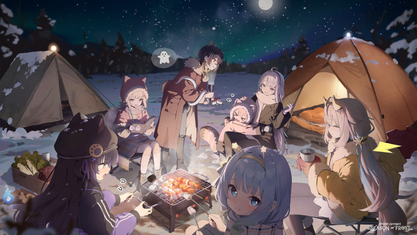 >_<, 6+girls, ahoge, anya_nyabyss, artist_request, black_hair, black_hat, blonde_hair
