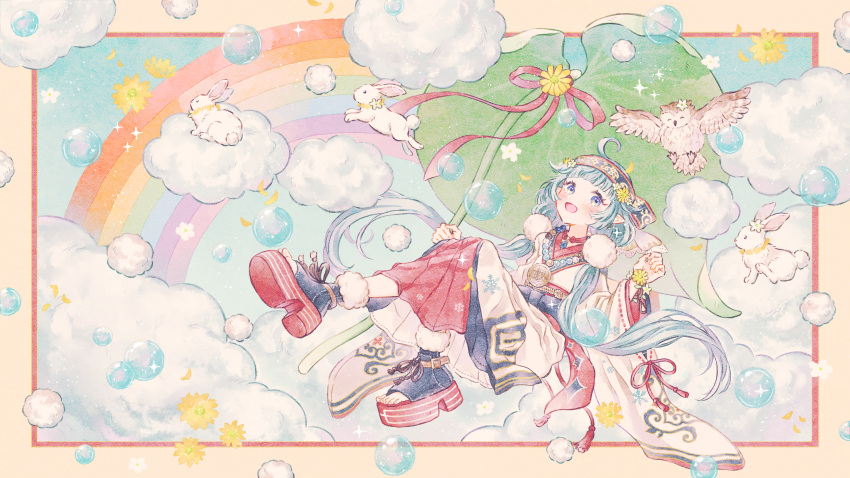 1girl, bead_necklace, beads, bird, blue_hair, clouds, floating, full_body