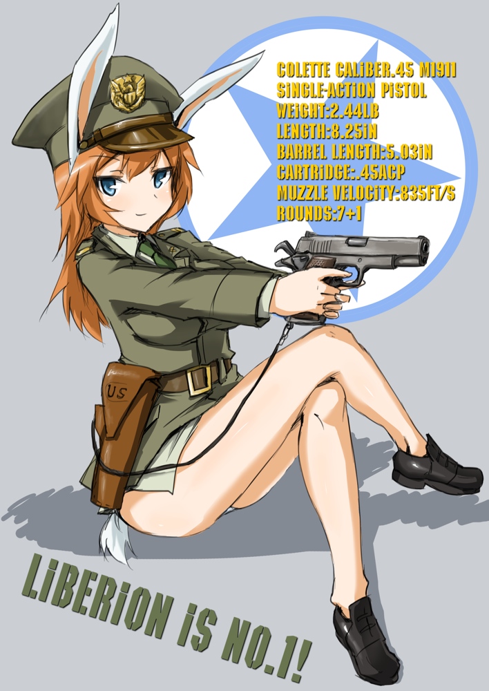 belt, blue_eyes, blush, charlotte_e_yeager, cocked_hammer, colt, colt_45, english, gun, gun_holster, handgun, hat, holster, lanyard, legs, long_hair, m1911, military, military_uniform, no_socks, ogitsune_(ankakecya-han), orange_hair, panties, peaked_cap, pistol, shoes, sitting, smile, solo, strike_witches, tail, underwear, uniform, weapon, white_panties