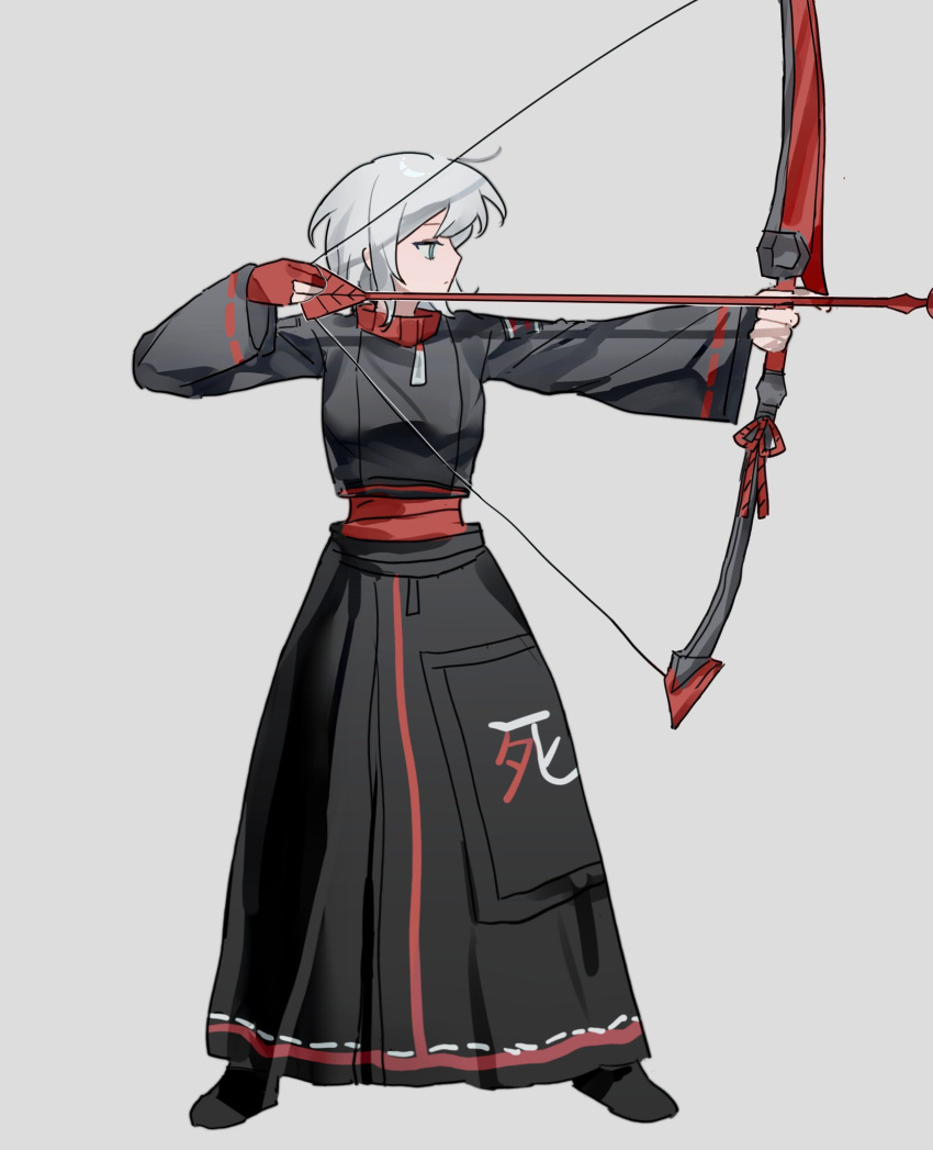 1girl, archery_shooting_glove, arrow_(projectile), black_jacket, blue_eyes, bow_(weapon), closed_mouth, cropped_jacket, drawing_bow, faust_(project_moon), full_body, gloves, highres, holding, holding_bow_(weapon), holding_weapon, jacket, limbus_company, lmojn3, looking_to_the_side, partially_fingerless_gloves, project_moon, red_gloves, red_sweater, shi_association_east_uniform, short_hair, simple_background, solo, sweater, weapon, white_background, white_hair